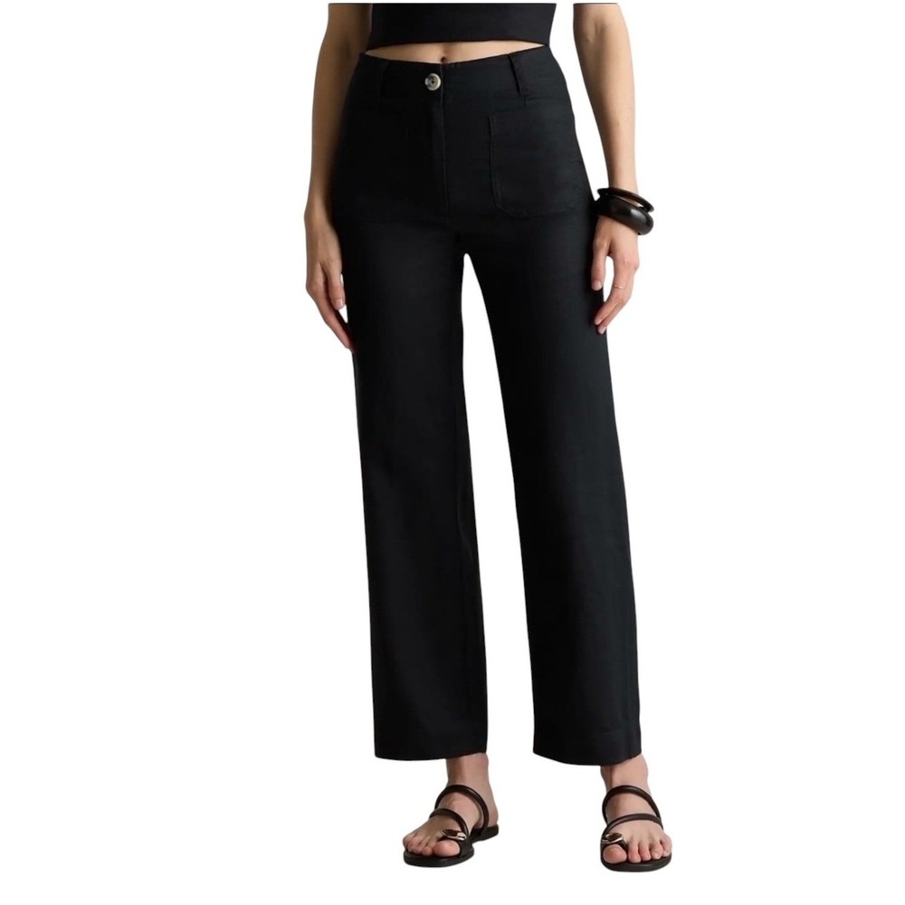 Quince 100% Linen Wide Leg Pants Black High Rise Front Patch Pockets Size 4